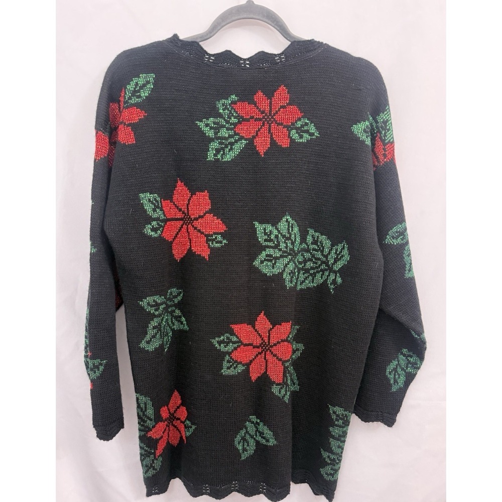 VTG Holiday Time Black Poinsettia Metallic Christmas Sweater Womens Size M - Picture 2 of 9